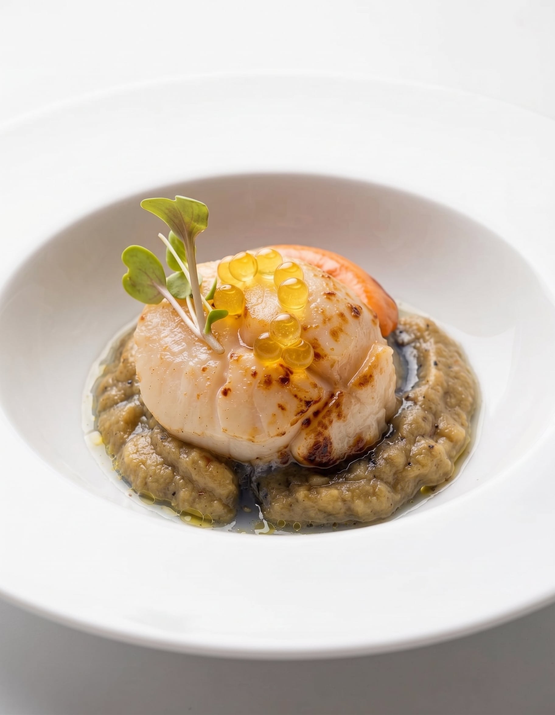 Vieira a la plancha sobre crema de berenjena ahumada, con puntos de caviar de aceite